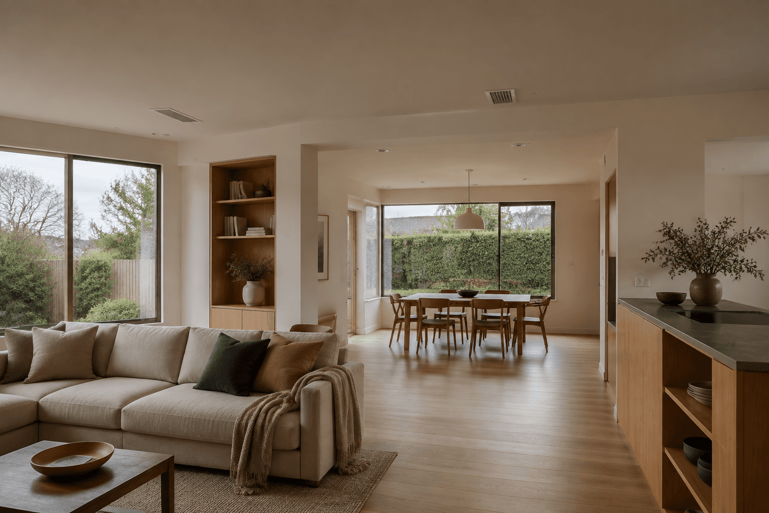 open-plan living space with subtle ceiling outlets and warm timber finishes