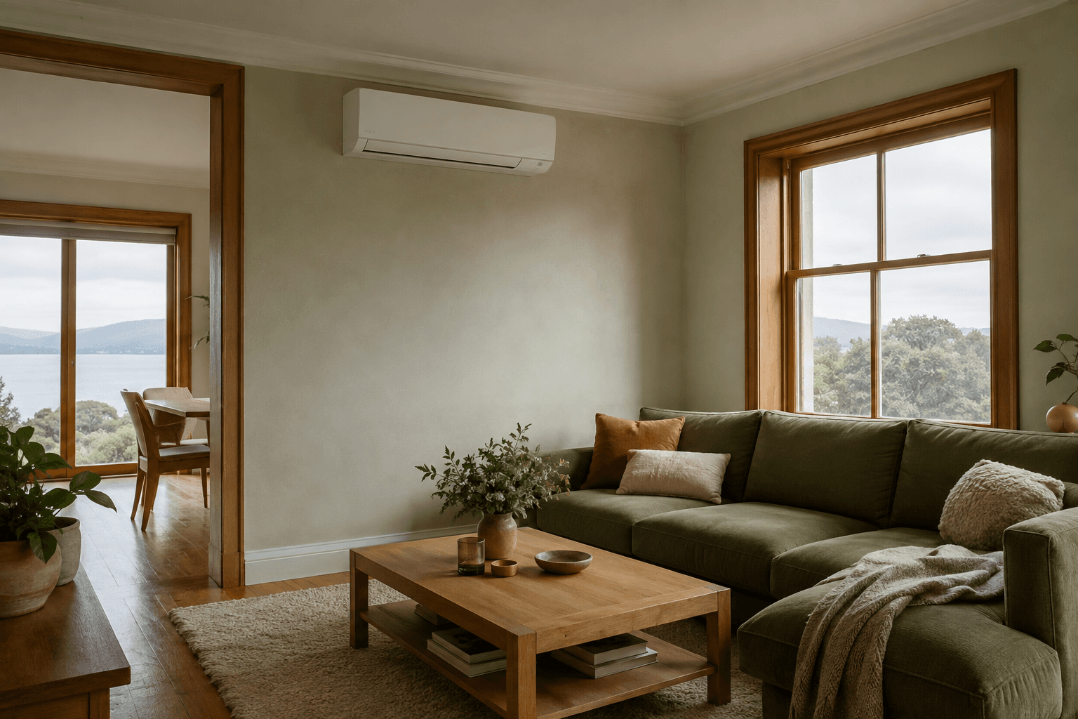 calm Tasmanian home interior with a discreet wall-mounted reverse-cycle heat pump